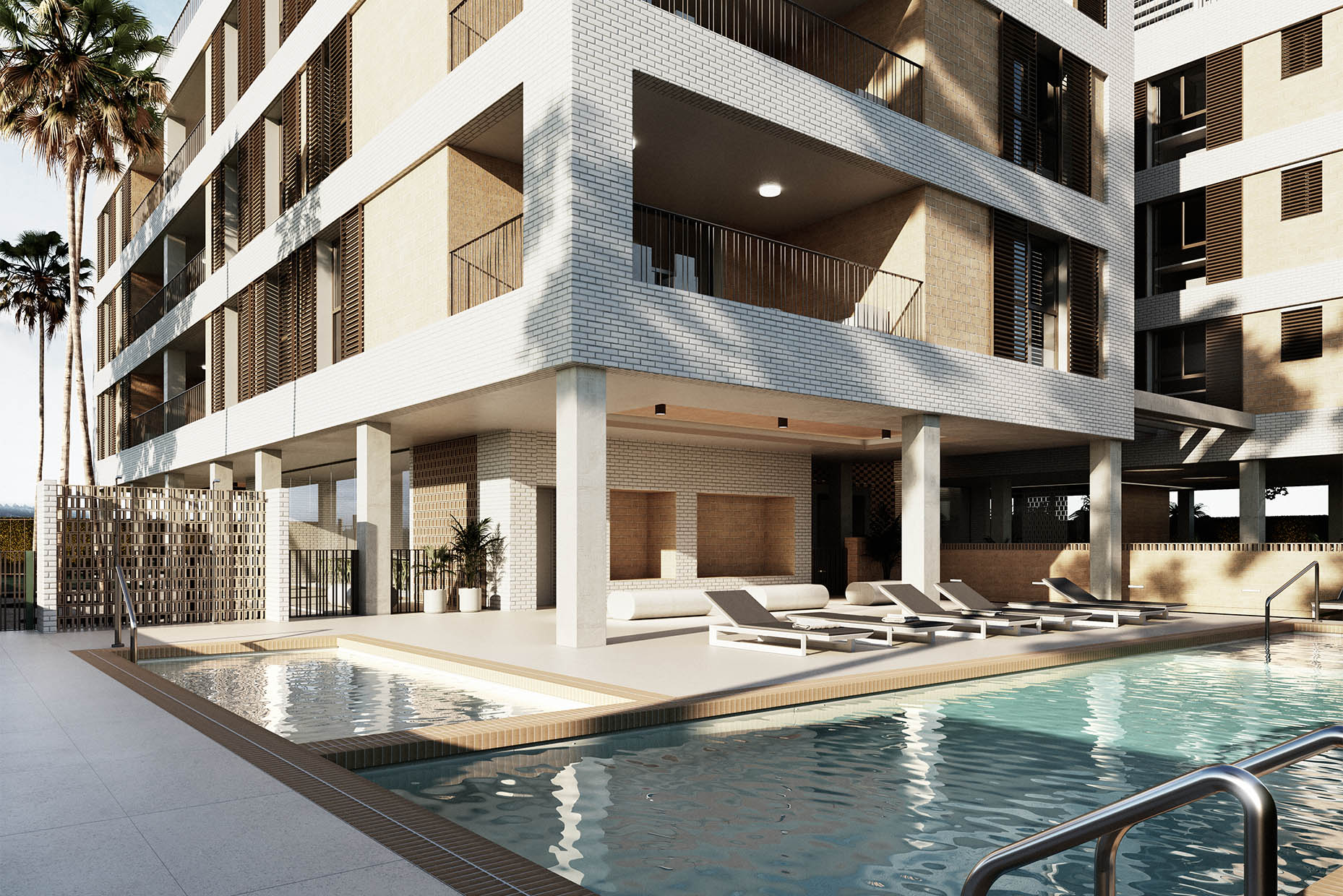 Diseño y estrategia de complejo residencial, zona piscina.