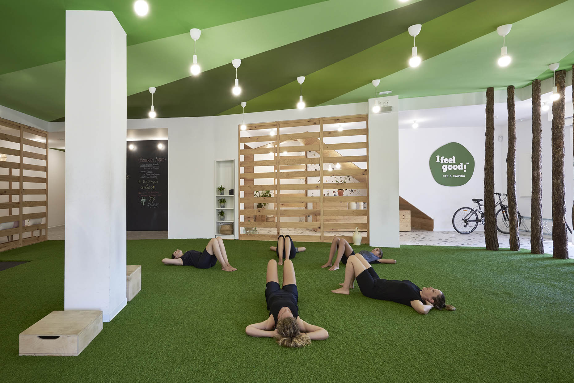 Espacio de entrenamiento con una estética natural y relajante. El suelo está cubierto de césped artificial, integrando elementos que evocan un entorno al aire libre. V